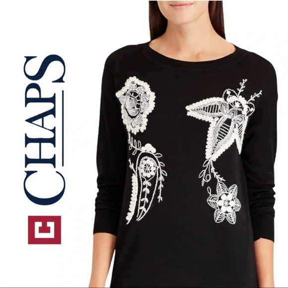 Chaps Sweaters - 🛍️3/$40 Chaps Black  Embroidered Crewneck Sweater Black Winter White Size Small